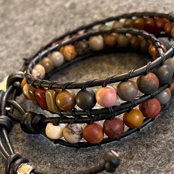 Double Wrap Leather Bracelet - Red Creek Jasper, Artisan Clasp, Bear Charm - Picture 6 of 11